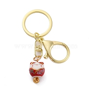 Fortune Cat Porcelain Pendant Keychain, with Iron Keychain Ring and Alloy Lobster Claw Clasps, FireBrick, 8.5cm(KEYC-G064-03A)