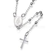 Non-Tarnish 304 Stainless Steel Rosary Bead Necklaces, with Cross Pendant and Lobster Claw Clasps, Stainless Steel Color, 20.7 inch(52.5cm)(NJEW-D285-40P)