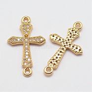 Brass Micro Pave Grade AAA Cubic Zirconia Links, Long-Lasting Plated, Real 18K Gold Plated, Cadmium Free & Nickel Free & Lead Free, Cross, Golden, 20x12x1.5mm, Hole: 1mm(ZIRC-G093-32G-NR)