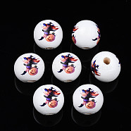 Halloween Printed Natural Wood Beads, Round with Witch, Medium Blue, 15.5x14.5mm, Hole: 4mm(WOOD-S057-084)