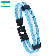 Flag Color Imitation Leather Triple Line Cord Bracelet with Alloy Clasp, Argentina Theme Jewelry for Men Women, Deep Sky Blue, 8-1/4 inch(21cm)(GUQI-PW0001-087A)