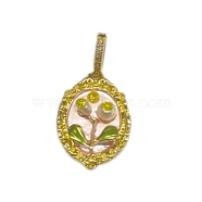 Brass Enamel Pendants, with Natural Freshwater Pearls and Brass Micro Pave Cubic Zirconia Clasp, Oval with Flower Charm, White, 27x19x6mm, Hole: 8x5mm(KK-F886-03G-07)