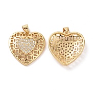 Brass Cubic Zirconia Pendants, Hollow Heart Charm, Real 18K Gold Plated, 26x25x5mm, Hole: 3.5x5mm(KK-G453-07G)