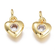 Brass Micro Pave Cubic Zirconia Charms, with Jump Ring, Heart, Golden, Clear, 7.5x6.5x2.5mm, Hole: 1.5mm, Jump rings: 3.5x0.8mm(KK-M206-31G-04)
