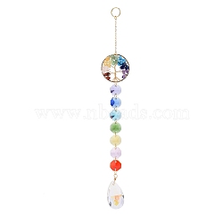 Natural & Synthetic Mixed Gemstone Tree with Glass Window Hanging Suncatchers, Golden Brass Tassel Pendants Decorations Ornaments, Teardrop, 253mm(HJEW-JM00853-04)