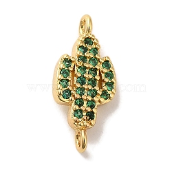 Rack Plating Brass Micro Pave Green Cubic Zirconia Cactus Connector Links, Cadmium Free & Lead Free, Real 18K Gold Plated, 18.5x8x3.5mm, Hole: 1.5mm(KK-U027-01G)