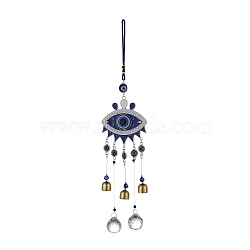 Alloy Turkish Blue Evil Eye Pendant Decoration, with Bell & Crystal Prisms, for Home Wall Hanging Amulet Ornament, Antique Silver, 420mm(HJEW-M002-12AS)