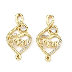 Mother's Day Brass Micro Pave Clear Cubic Zirconia Pendants, Heart with Word Mom Charms, Rack Plating, Long-Lasting Plated, Cadmium Free & Lead Free, Golden, 29x15x2.5mm, Hole: 2x4mm(CU-B002-04G)