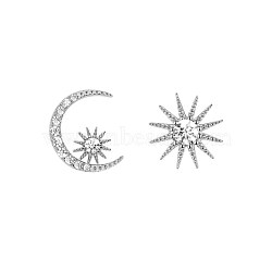 925 Sterling Silver Asymmetrical Earrings, with Clear Cubic Zirconia, Moon and Star, Platinum, 10x10mm and 11.5x9mm, Pin: 0.8mm(EJEW-BB65554-C)