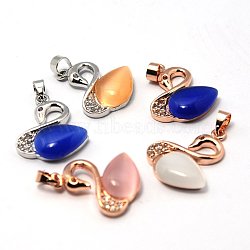 Cat Eye Pendants, with Brass Rhinestone Pendant Settings, Duck, Mixed Color, 22x18x5mm, Hole: 4x5mm(G-G381-M)
