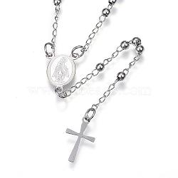 Non-Tarnish 304 Stainless Steel Rosary Bead Necklaces, with Cross Pendant and Lobster Claw Clasps, Stainless Steel Color, 20.7 inch(52.5cm)(NJEW-D285-40P)