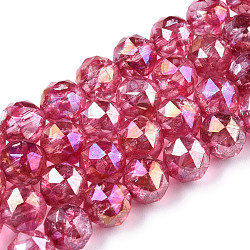 Transparent Electroplate Glass Beads Strands, AB Color Plated, Faceted, Round, Cerise, 8x7.5mm, Hole: 1.8mm, about 50pcs/strand, 14.96''(38cm)(EGLA-N006-077G)