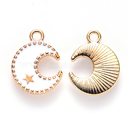 Alloy Enamel Pendants, Moon & Star, Light Gold, White, 16x13x2mm, Hole: 1.8mm(ENAM-S121-063B)