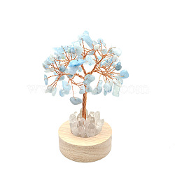 Natural Aquamarine Chips Tree Night Light Lamp Decorations, Wooden Base with Copper Wire Feng Shui Energy Stone Gift for Home Desktop Decoration, Lamp with USB Cable, 120mm(PW-WG63079-08)