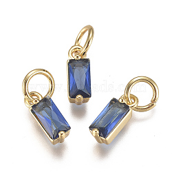 Brass Micro Pave Cubic Zirconia Charms, Long-Lasting Plated, with Jump Ring, Real 18K Gold Plated, Rectangle, Blue, 10x3x3mm, Hole: 3mm(ZIRC-F111-03G-05)