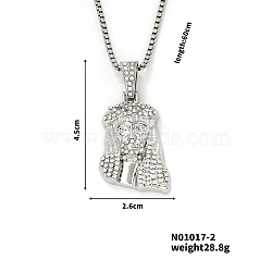 Vintage Alloy Crystal Rhinestone Jesus Head Pendant Necklaces, Platinum, 23.62 inch(60cm)(SW1874-2)