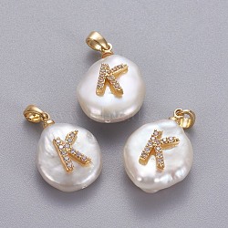 Natural Cultured Freshwater Pearl Pendants, with Brass Micro Pave Cubic Zirconia Findings, Nuggets with Letter, Long-Lasting Plated, Golden, Clear, Letter.K, 17~27x12~16x6~12mm, Hole: 4x2.5mm(KK-L187-A-01K)