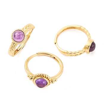 Round Natural Amethyst Adjustable Rings, Brass Ring for Women, Long-Lasting Plated, Lead Free & Cadmium Free, Golden, Inner Diameter: 18mm