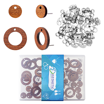 40Pcs 2 Style Walnut Wood Stud Earring Findings, with 304 Stainless Steel Pins and Holes, Ring & Flat Round, with 40Pcs 304 Stainless Steel Ear Nuts, Tan, 18mm, Pin: 0.7mm, 10mm, Pin: 0.8mm, Hole: 1.6mm, 20Pcs/style