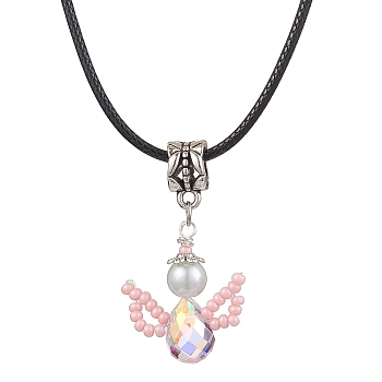 Glass Seed Beads & Glass Pearl Angel Pendant Necklaces, Imitation Leather Cord Necklaces for Women, Pink, 17.60 inch(44.7cm)