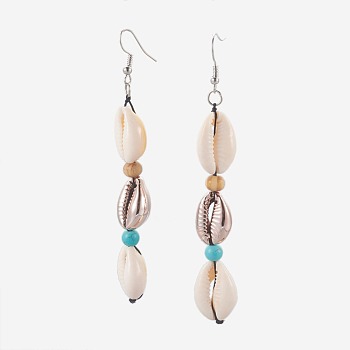Cowrie Shell Dangle Earrings, with Synthetic Turquoise and Wood Beads, Brass Earring Hooks, Rose Gold, 88~96mm, Pin: 0.7mm
