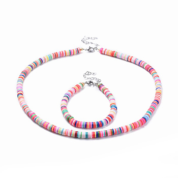 Jewelry Sets, Bracelets and Necklaces, with Polymer Clay Heishi Beads, Electroplate Glass Seed Beads, Brass Crimp Beads and 304 Stainless Steel Findings, Mixed Color, 18.7 inch(47.5cm), 7-5/8 inch(19.4cm), 6mm