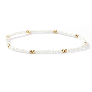 Fashion Plastic Imitation Pearl & Brass Beaded Stretch Bracelets for Women, Rondelle, White, 6.89 inch(17.5cm)