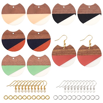 Olycraft DIY Dangle Earring Making Kits, Including Resin & Wood Pendants, Brass Earring Hooks & Jump Rings, Gap Flat Round, Mixed Color, Pendants: 33~34x37x3~4mm, Hole: 1.8~2mm, 5 colors, 2pcs/color, 10pcs/box