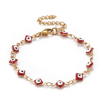 Enamel Rhombus with Evil Eye Link Chains Bracelet, Vacuum Plating 304 Stainless Steel Jewelry for Women, Golden, Red, 6-5/8 inch(16.8cm)