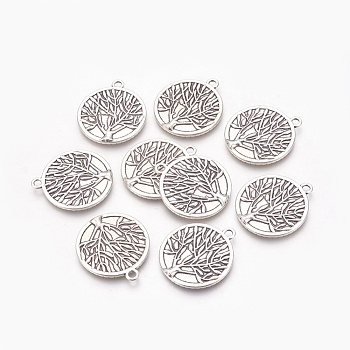Flat Round with Tree of Life Tibetan Style Pendant Cabochon Settings, Lead Free & Nickel Free & Cadmium Free, Antique Silver, Tray: 25mm, 32x28x2mm, Hole: 2mm, about 185pcs/1000g