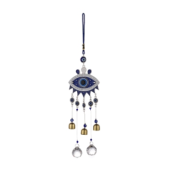 Alloy Turkish Blue Evil Eye Pendant Decoration, with Bell & Crystal Prisms, for Home Wall Hanging Amulet Ornament, Antique Silver, 420mm