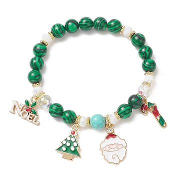 Synthetic Malachite Round Beaded Stretch Bracelet, Tree & Santa Claus & Word Noel Alloy Enamel Charms Christmas Bracelet for Women, Colorful, Inner Diameter: 2-1/8 inch(5.5cm)
