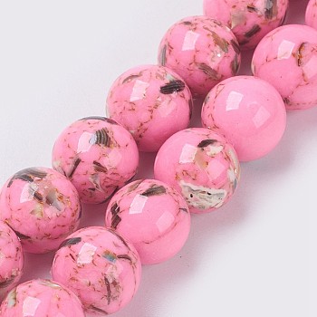 Sea Shell and Synthetic Turquoise Assembled Beads Strands, Round, Pearl Pink, 6mm, Hole: 1.2mm, about 65pcs/strand, 15.7 inch(40cm)