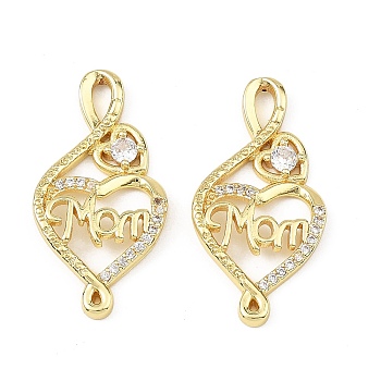 Mother's Day Brass Micro Pave Clear Cubic Zirconia Pendants, Heart with Word Mom Charms, Rack Plating, Long-Lasting Plated, Cadmium Free & Lead Free, Golden, 29x15x2.5mm, Hole: 2x4mm