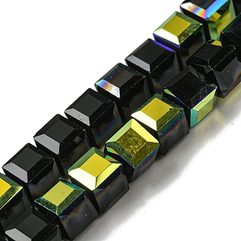 Electroplate Glass Beads Strands, Half Rainbow Plated, Faceted, Cube, Black, 7~7.5x7~7.5x7~7.5mm, Hole: 1mm