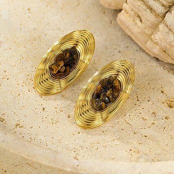 Oval Stainless Steel Stud Earrings, Real 18K Gold Plated, with Natural Tiger Eye, 36x18mm