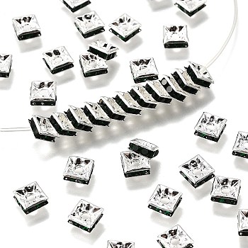 Brass Rhinestone Spacer Beads, Square, Nickel Free, Green, Silver Color Plated, 6mmx6mmx3mm, hole: 1mm