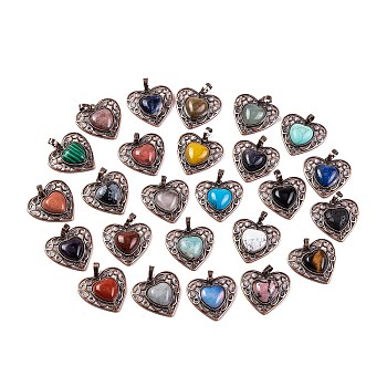 Natural & Synthetic  Mixed Gemstone Peach Love Heart Pendants, Rack Plating Brass Hollow Heart Charms, Cadmium Free & Lead Free, Mixed Dyed and Undyed, Red Copper, 29.5x30.5x7.5mm, Hole: 7.5x5mm