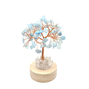 Natural Aquamarine Chips Tree Night Light Lamp Decorations, Wooden Base with Copper Wire Feng Shui Energy Stone Gift for Home Desktop Decoration, Lamp with USB Cable, 120mm