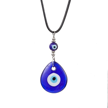 Lampwork Teardrop with Evil Eye Pendant Necklaces, with Imitation Leather Cords, Platinum, 17.60 inch(44.7cm)
