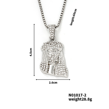 Vintage Alloy Crystal Rhinestone Jesus Head Pendant Necklaces, Platinum, 23.62 inch(60cm)