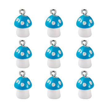 Plastic Pendants, with Platinum Plated Iron Loop, Mushroom with Polka Dots, Sky Blue, 17.5x11.5x12mm, Hole: 1.5mm