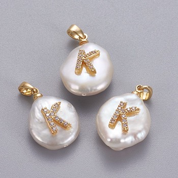 Natural Cultured Freshwater Pearl Pendants, with Brass Micro Pave Cubic Zirconia Findings, Nuggets with Letter, Long-Lasting Plated, Golden, Clear, Letter.K, 17~27x12~16x6~12mm, Hole: 4x2.5mm