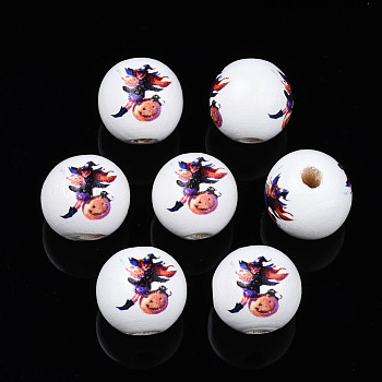 Halloween Printed Natural Wood Beads, Round with Witch, Medium Blue, 15.5x14.5mm, Hole: 4mm
