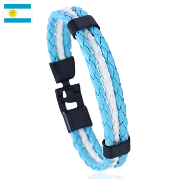 Flag Color Imitation Leather Triple Line Cord Bracelet with Alloy Clasp, Argentina Theme Jewelry for Men Women, Deep Sky Blue, 8-1/4 inch(21cm)