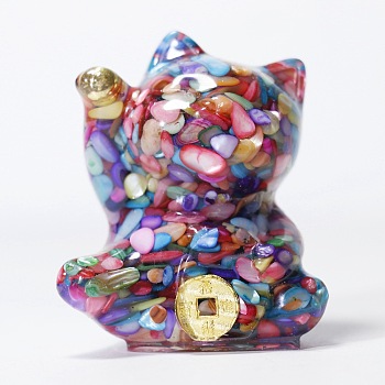 Shell Chip & Resin Craft Display Decorations, Lucky Cat Figurine, for Home Feng Shui Ornament, Colorful, 63x55x45mm