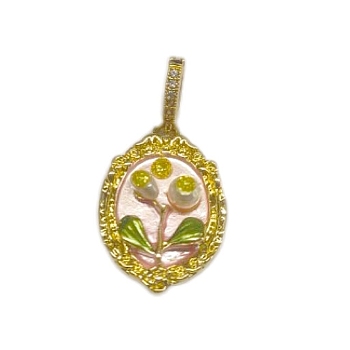 Brass Enamel Pendants, with Natural Freshwater Pearls and Brass Micro Pave Cubic Zirconia Clasp, Oval with Flower Charm, White, 27x19x6mm, Hole: 8x5mm