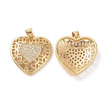 Brass Cubic Zirconia Pendants, Hollow Heart Charm, Real 18K Gold Plated, 26x25x5mm, Hole: 3.5x5mm