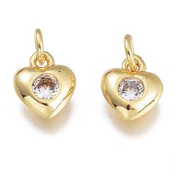 Brass Micro Pave Cubic Zirconia Charms, with Jump Ring, Heart, Golden, Clear, 7.5x6.5x2.5mm, Hole: 1.5mm, Jump rings: 3.5x0.8mm