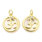Brass Micro Pave Cubic Zirconia Pendants with Shell, Flat Round with OM Symbol, Long-Lasting Plated, Rack Plating, Lead Free & Cadmium Free, Ion Plating(IP), with Jump Ring, Real 18K Gold Plated, 17.5x15.5x3mm(KK-H527-26G)